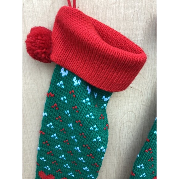 Set of 2 Matching Vintage Knit Christmas Stockings Red White Green Hearts Design - Picture 2 of 8